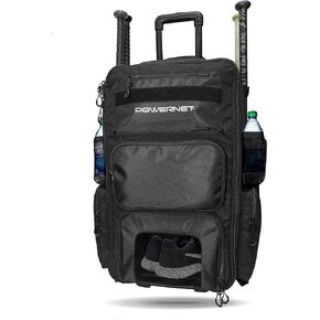 PowerNet Odyssey Rolling Baseball Softball Gear Bag | Hidden Backpack Straps | 4 Bat Sleeves | Ventilated Shoe Compartment | 2 Drink Pockets | Durable Equipment Bag