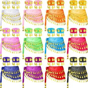 36 Pcs Belly Dance Hip Scarf Belly Dance Skirt Wrist Ankle Cuffs Bracelets 12 Colors with 98 Coins for Bellydance Dancer
