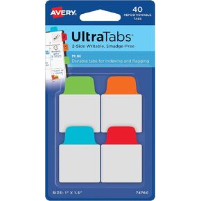 Avery Mini Ultra Tabs, 1" x 1.5", 2-Side Writable, Assorted Primary Colors, 40 Repositionable Tabs (74760)