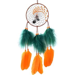Dream Catchers - Orange Goose Feather with Green Turkey Feather, Natural Leather, Handmade Dreamcatcher for Bedroom Wall Dorm Decor - HOLSM-III