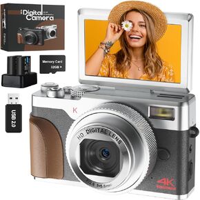 كاميرا رقمية، كاميرات بدقة 56 ميجابكسل للتصوير الفوتوغرافي، كاميرا تسجيل فيديو بدقة 4K لليوتيوب، كاميرا رقمية للنقطة والتقاط بزاوية 180 درجة مع تكبير 16X، كاميرا مدمجة للمبتدئين مع بطاقة SD سعة 32 جيجابايت (فضي) in Kuwait