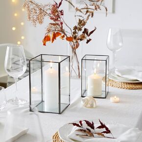 QL Hurricane Candle Holders, Set of 2PCS Large Glass Candle Holder, Transparent Tempered Glass Hurricane Candle Holder with 2 Size (Glossy Black Finshed Border)