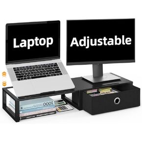WESTREE Monitor Stand Riser with Adjustable Laptop Stand Riser, Steel Frame Dual Monitor Stand with Two Drawers for 2 Monitors, Desktop Oraganizer Stand for Computer,Laptop,Screen