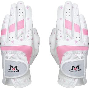 MAZEL Kids Golf Gloves for Youth Toddler Boys Girls, Right & Left Hand (1 Pair) Mircofiber Breathable Junior Golf Gloves, White Red Pink Blue Black Stars Color,Age 2-8