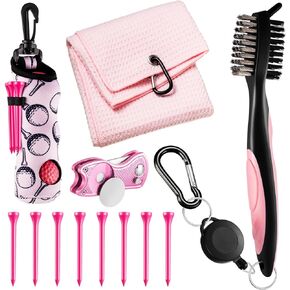 12 Pcs Pink Golf Accessories Kit, Include Pink Golf Tees Golf Towel Golf Ball Bag with Hook Cleaner Brush Divot Tool with Magnetic Ball Marker for Women Ladies Golf Gifts