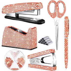 Demissle 6 Pcs Bling Office Desk Accessories Set Crystal School Stationery Kit Scissor Stapler with Staple, Tape Dispenser, Diamond Pen, Staple Remover, Binder Clip, Paper Clip, Push Pins (Blue)