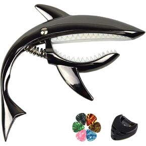 Guitar Capo Shark Shape Guitar Capo Acoustic Capo Electric Guitars Capo Premium Zinc Alloy Guitar Accessories Ukulele Mandolin Banjo Bass (Black with 6 Picks)