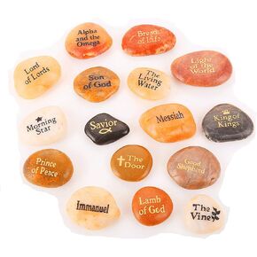 16PCS Names of Jesus Christ INRI Stones Engraved on True Palm Pebble Rocks Each one Features Different Name for Jesus Shepherd Alpha Omega Savior (16 Different Titles, Bulk Pricing)