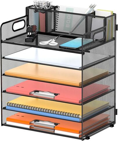 منظم ورق DALTACK للمكتب مع 3 حاملات أقلام، صينية تنظيم مكتب من 6 طبقات بمقابض، تخزين منظم الورق، منظم صينية الورق للمدرسة والمكتب المنزلي، أسود in Kuwait