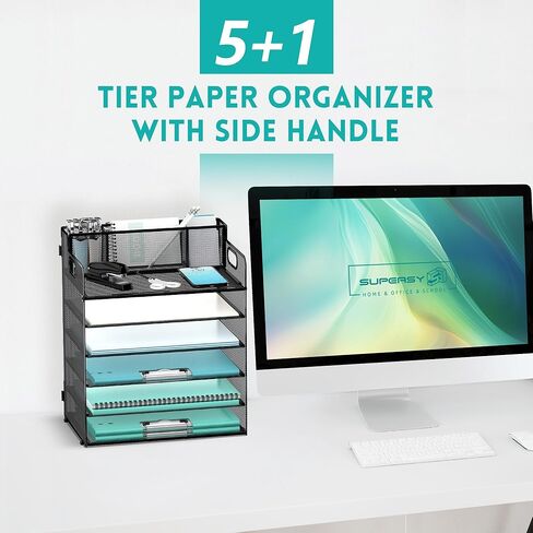 منظم ورق DALTACK للمكتب مع 3 حاملات أقلام، صينية تنظيم مكتب من 6 طبقات بمقابض، تخزين منظم الورق، منظم صينية الورق للمدرسة والمكتب المنزلي، أسود in Kuwait
