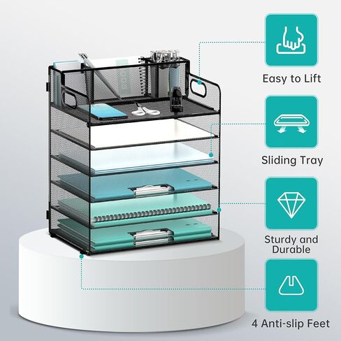 منظم ورق DALTACK للمكتب مع 3 حاملات أقلام، صينية تنظيم مكتب من 6 طبقات بمقابض، تخزين منظم الورق، منظم صينية الورق للمدرسة والمكتب المنزلي، أسود in Kuwait