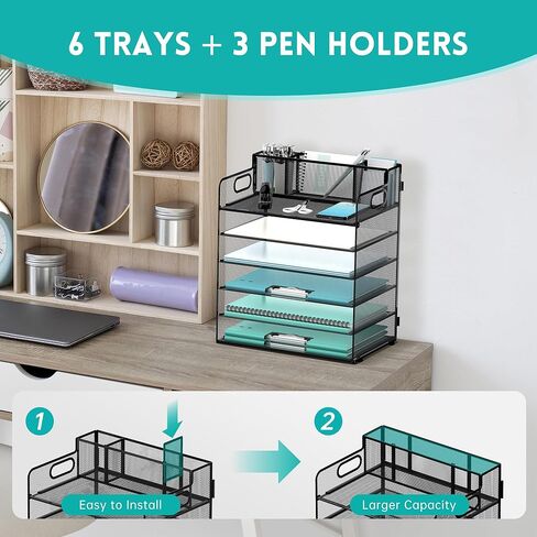 منظم ورق DALTACK للمكتب مع 3 حاملات أقلام، صينية تنظيم مكتب من 6 طبقات بمقابض، تخزين منظم الورق، منظم صينية الورق للمدرسة والمكتب المنزلي، أسود in Kuwait