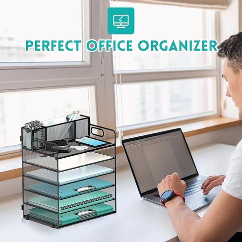 منظم ورق DALTACK للمكتب مع 3 حاملات أقلام، صينية تنظيم مكتب من 6 طبقات بمقابض، تخزين منظم الورق، منظم صينية الورق للمدرسة والمكتب المنزلي، أسود in Kuwait