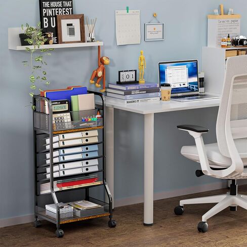 عربة ملفات متدحرجة ذات 6 طبقات، تصميم من الخشب والشبك مع عجلات قابلة للفصل، صواني قابلة للإزالة، عربة مكتب متدحرجة، منظمة منزلية، مكتب منظم للورق بجانب رف الكتب المحمول in Kuwait