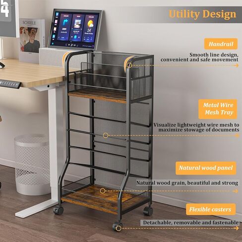 عربة ملفات متدحرجة ذات 6 طبقات، تصميم من الخشب والشبك مع عجلات قابلة للفصل، صواني قابلة للإزالة، عربة مكتب متدحرجة، منظمة منزلية، مكتب منظم للورق بجانب رف الكتب المحمول in Kuwait