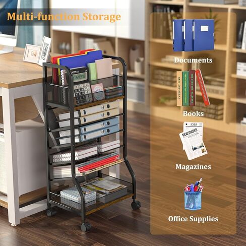 عربة ملفات متدحرجة ذات 6 طبقات، تصميم من الخشب والشبك مع عجلات قابلة للفصل، صواني قابلة للإزالة، عربة مكتب متدحرجة، منظمة منزلية، مكتب منظم للورق بجانب رف الكتب المحمول in Kuwait