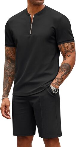 COOFANDY Men's 2 Pieces Outfits Casual Quarter Zip Polo T Shirt and Shorts Set Athletic Jogging Summer Tracksuit in Kuwait