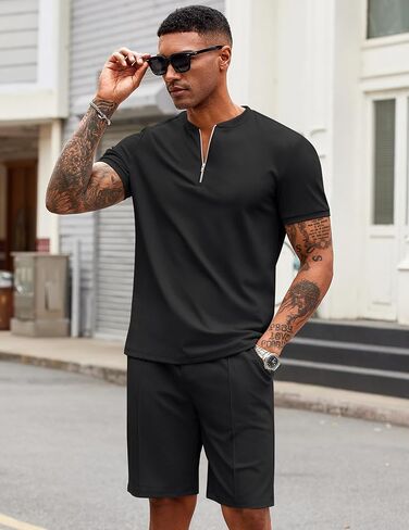 COOFANDY Men's 2 Pieces Outfits Casual Quarter Zip Polo T Shirt and Shorts Set Athletic Jogging Summer Tracksuit in Kuwait
