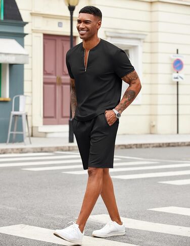 COOFANDY Men's 2 Pieces Outfits Casual Quarter Zip Polo T Shirt and Shorts Set Athletic Jogging Summer Tracksuit in Kuwait