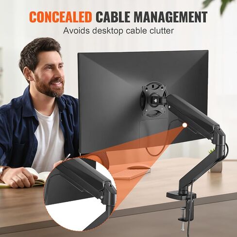حامل شاشة واحد للشاشات مقاس 13 بوصة - 32 بوصة، ذراع شاشة زنبركية غازية لشاشات الكمبيوتر المسطحة/المنحنية، يحمل ما يصل إلى 20 رطلاً، مع قاعدة تثبيت بمشبك على شكل حرف C/حلقة تثبيت، حامل VESA مقاس 75 × 75، 100 × 100 مم in Kuwait