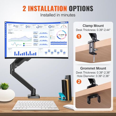 حامل شاشة واحد للشاشات مقاس 13 بوصة - 32 بوصة، ذراع شاشة زنبركية غازية لشاشات الكمبيوتر المسطحة/المنحنية، يحمل ما يصل إلى 20 رطلاً، مع قاعدة تثبيت بمشبك على شكل حرف C/حلقة تثبيت، حامل VESA مقاس 75 × 75، 100 × 100 مم in Kuwait