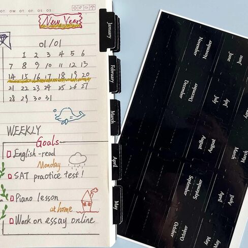 علامات تبويب شهرية مخططة مغلفة، 40 علامة تبويب قابلة للتقشير واللصق لأجهزة الكمبيوتر المحمولة (مجموعتان من علامات تبويب 12 شهرًا و16 علامة تبويب فارغة)، ملصقات/فواصل لعلامات تبويب التقويم الشهرية (أبيض) in Kuwait