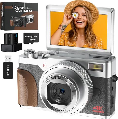 كاميرا رقمية، كاميرات بدقة 56 ميجابكسل للتصوير الفوتوغرافي، كاميرا تسجيل فيديو بدقة 4K لليوتيوب، كاميرا رقمية للنقطة والتقاط بزاوية 180 درجة مع تكبير 16X، كاميرا مدمجة للمبتدئين مع بطاقة SD سعة 32 جيجابايت (فضي) in Kuwait