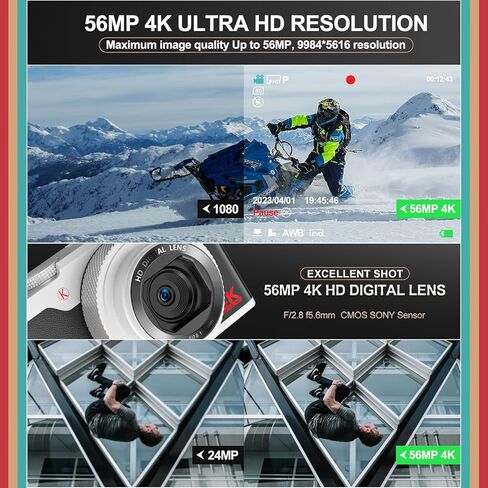 كاميرا رقمية، كاميرات بدقة 56 ميجابكسل للتصوير الفوتوغرافي، كاميرا تسجيل فيديو بدقة 4K لليوتيوب، كاميرا رقمية للنقطة والتقاط بزاوية 180 درجة مع تكبير 16X، كاميرا مدمجة للمبتدئين مع بطاقة SD سعة 32 جيجابايت (فضي) in Kuwait