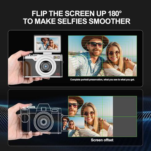 كاميرا رقمية، كاميرات بدقة 56 ميجابكسل للتصوير الفوتوغرافي، كاميرا تسجيل فيديو بدقة 4K لليوتيوب، كاميرا رقمية للنقطة والتقاط بزاوية 180 درجة مع تكبير 16X، كاميرا مدمجة للمبتدئين مع بطاقة SD سعة 32 جيجابايت (فضي) in Kuwait