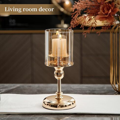 حامل شموع للشمعة العمودية، حامل شمعدان معدني مع أغطية زجاجية للديكور المنزلي الذهبي، حاملات ضوء الشموع لطاولة الطعام لتزيين حفلات الزفاف in Kuwait