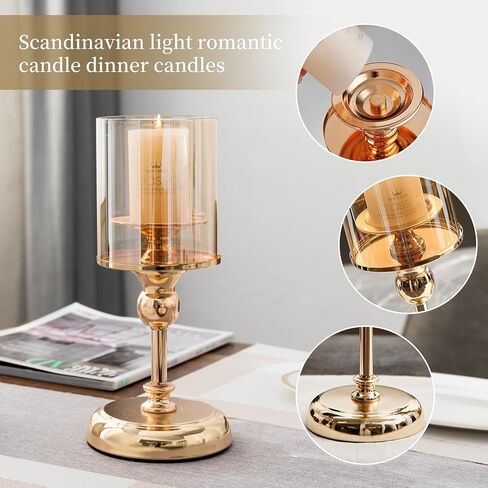 حامل شموع للشمعة العمودية، حامل شمعدان معدني مع أغطية زجاجية للديكور المنزلي الذهبي، حاملات ضوء الشموع لطاولة الطعام لتزيين حفلات الزفاف in Kuwait