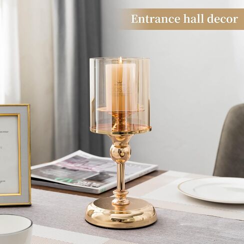 حامل شموع للشمعة العمودية، حامل شمعدان معدني مع أغطية زجاجية للديكور المنزلي الذهبي، حاملات ضوء الشموع لطاولة الطعام لتزيين حفلات الزفاف in Kuwait