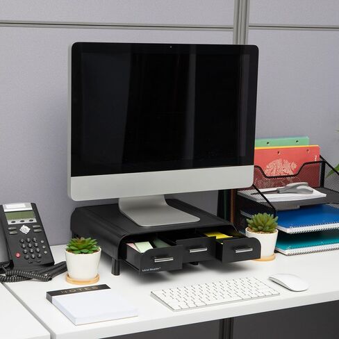 Mind Reader Monitor Stand, Laptop Riser, Desktop Organizer, Storage Drawer, Office, Plastic, 13.5"L x 13"W x 4"H, Black in Saudi Arabia