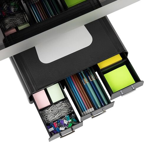 Mind Reader Monitor Stand, Laptop Riser, Desktop Organizer, Storage Drawer, Office, Plastic, 13.5"L x 13"W x 4"H, Black in Saudi Arabia