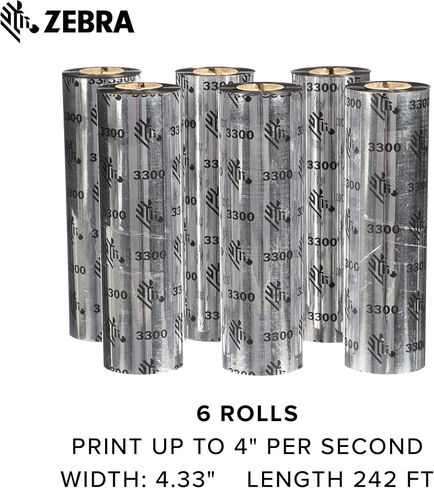 Zebra High-Performance Black Wax/Resin Ribbon for Thermal Transfer Desktop Printers, Fast and Simple Replacement, 4.33 in Wide 242 ft Long 0.5 in Core 6 Rolls 10031725SP in Saudi Arabia