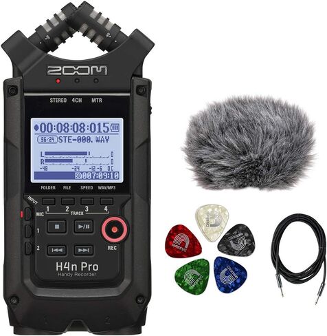 جهاز تسجيل Zoom H4n Pro أسود بالكامل بأربعة مسارات (موديل 2020) مع مجموعة جيتار كلاسيكي من بلانيت ويفز مكونة من 10 قطع وواقي أمامي وحزمة كابل أدوات بطول 10 أقدام in Saudi Arabia