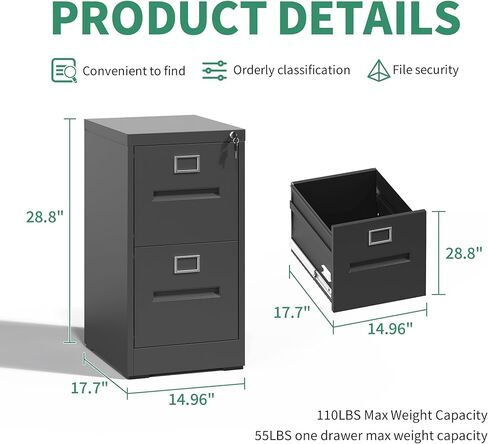2 Drawer File Cabinet,Metal Filing Cabinets with Lock,Black Vertical File Cabinet for Home Office,Heavy Duty Metal Storage Cabinet for A4/Letter/Legal Size File,Assembly Required in Saudi Arabia