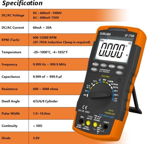 مجموعة المشبك الحثي الرقمي للسيارات والإشارة، جهاز متعدد ذكي لجهد التيار المتردد/التيار المستمر، التيار، زاوية السكن، عرض النبض، مقياس سرعة الدوران بالبنزين 600 ~ 12000 دورة في الدقيقة، مثالي للسيارة والاستخدام المنزلي in Kuwait