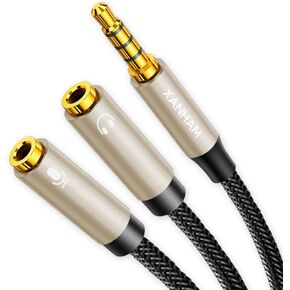3.5mm Headphone Splitter Y Shape 1/8 Inch 2 TRS Female to 1 TRRS Male Mic and Audio 4 Pole Headset Stereo Adapter Cable Cord Compatible with Laptop, Smartphone, PC, Tablet, Gaming, etc