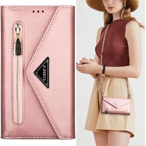 Wallet Case for Samsung Galaxy Note 20 Ultra with Crossbody Neck Strap, PU Leather Handbag with ID Credit Card Holder & Kickstand Stand Shoulder Strap Cover Case for Galaxy Note 20 Ultra XK Rose Gold