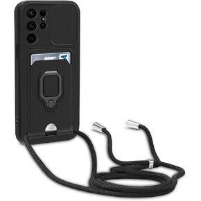 Crossbody Strap Case for Samsung Galaxy S24 Ultra with Card Holder Magnetic Ring Kickstand, Adjustable Lanyard Silicone Shockproof Protective Camera Cover for Samsung S24 Ultra 6.8". Black
