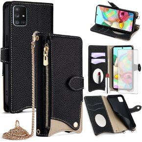Asuwish Phone Case for Samsung Galaxy A71 5G Wallet Cover with Tempered Glass Screen Protector and Mirror PU Leather Flip Cover Card Holder Slot Stand Crossbody Strap Cell A 71 G5 71A S71 Girls Black
