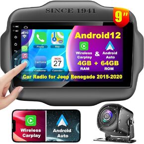 [4+64G] Android 12 Car Stereo for Jeep Renegade 2015-2020 with Wireless Carplay&Android Auto, 9 Inch Touchscreen Bluetooth Car Radio Support GPS Navigation, Wifi, FM Radio, Backup Camera,DSP, SWC, MIC