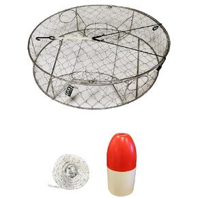 KUFA Stainless Steel Round Crab Trap 1/4" X 100' Non-Lead Sinking Line and 6"X14" Red/White Float