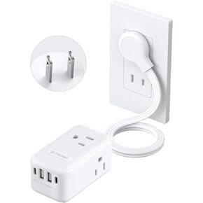 TROND 2 Prong Power Strip, Two Prong Outlet Adapter, 20W USB C, 5 FT Ultra Flat Plug Extension Cord, 1250W, 3 Outlets, Wall Mount, 3 Side Design, Ideal for Old House, White