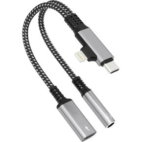 Lightning and USB C to 3.5mm Headphone and Charger Adapter, 2-in-2 iPhone & Type C to Aux Audio Jack with PD 60W Fast Charging Dongle Cable Cord for iPhone 16 15 14 13 Pro Max,Galaxy S24 S23,iPad