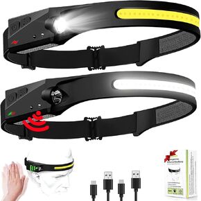 Led Headlamp Rechargeable, Headlight Headband Light Lumen with Red Motion Sensor Battery Powered, 230° Wide Beam Super Bright Head Lights for Forehead, Running Headlamp for Camping, Working(2Pack)
