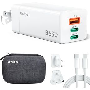 Bwine 65W USB C Charger,3-Port Fast Charging Blocks, Universal Travel Adapter Kit,Compatible with iPhone16/Pro,Galaxy S24,Note 20/10+,iPad and More(4ft USB-C Cable,UK/EU Conversion Plug Includes)