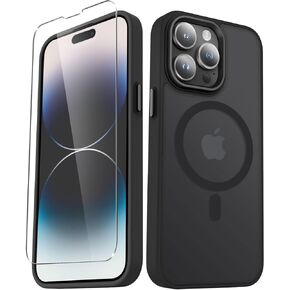 for iPhone 14 Pro Max Case, Matte Magnetic Phone Case with 1 Screen Protector, Support for Magsafe, Translucent Frosted Slim Shockproof Protective Cover for iPhone 14 Pro Max 6.7 inch, Black