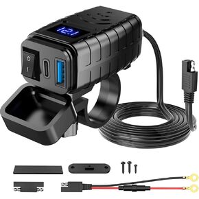 Motorcycle Phone Charger,Dual USB Type C PD & Quick Charge 3.0 Motorcycle USB Charger with Voltmeter & ON/Off Switch, Waterproof Motorcycle Accessories for Phone, Tablet, GPS, etc